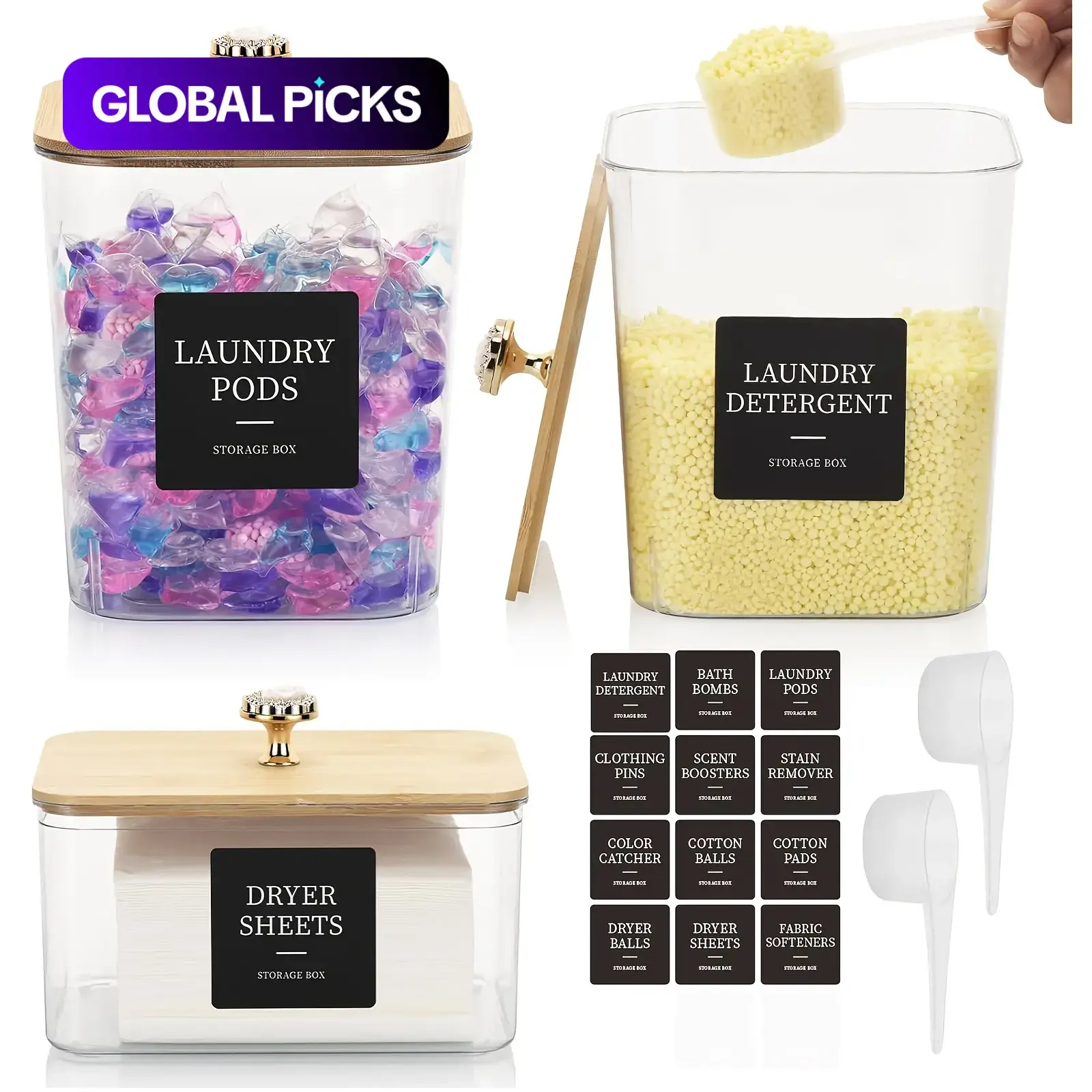 Laundry Detergent Storage Box Set, 1 Set Including 2 Detergent Jars, 1 Dryer Sheet Box, 2 Scoops & 1 Sticker, Home Organizer for Laundry Room, Detergent Powder Storage, Containers, Canisters Set, Reusable Plastic Canister Set #GLOBAL PICKS