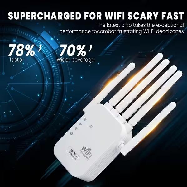 1200Mbps WiFi 6 Signal Booster And Mesh Network Extender Dual Band 2.4GHz 5GHz 6 Antenna High Speed WiFi System One Touch Control For Easy Setup Whole Home Coverage Compatible With Smart TVs Gaming Consoles Smartphones