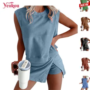 Yeokou Women's Travel Outfits Summer Lounge Set Two Pieces Mineral Wash Cotton Tank Top Lined Split Athletic Skirt Set