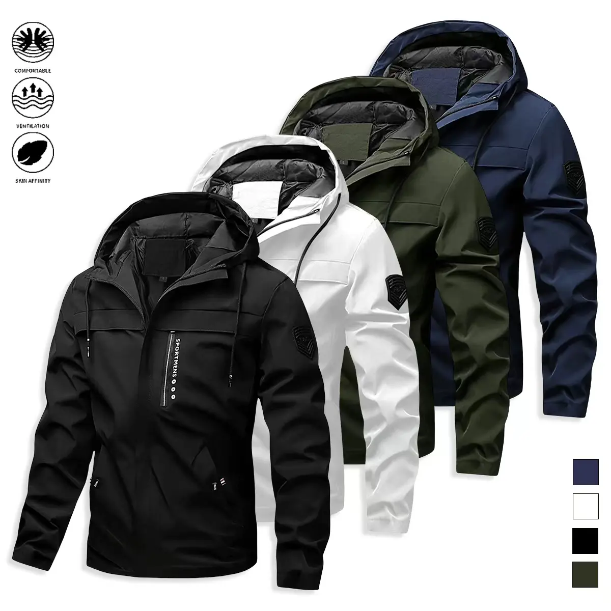 Men’s casual hooded jacket, solid color, work jacket, men’s hardshell jacket, suitable for outdoor sports like running and hiking, as well as everyday casual wear; men’s outerwear, men’s tops, menswear
