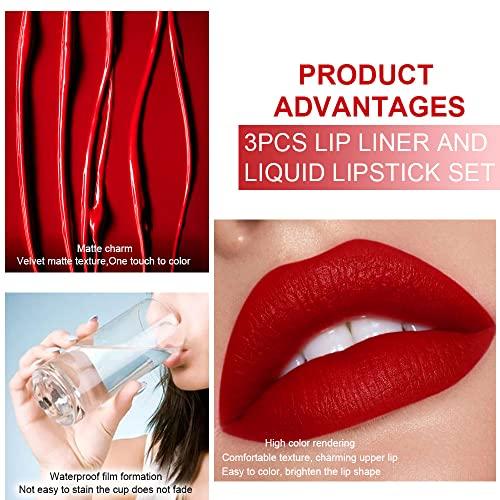 evpct 3Pcs Ruby Bright Dark Deep Red Lip Stain Lipstick with Lip Liner, Burgundy Red Matte Lip Liner and Lipstick Set for Women Long Lasting Waterproof 24, 24 Hours Lip Sitck Paint