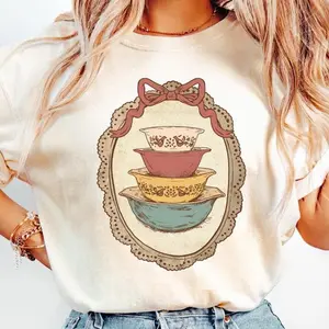 [Sale Up To 50%] Vintage Thrifted Pyrex Dishes T-shirt, Grandma Core Shirt, Coquette CottageCore Oval Frame 90s Shirt, Homestead Mama, Graphic Streetwear T-shirt