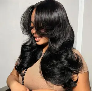 Butterfly Cut Tinashe Human Hair Glueless 200% Density Wig With Curtain Bangs Butterfly Cut Loose Body Wavy Pre Cut 6x5 HD Lace Closure Wig #dealsforyoudays