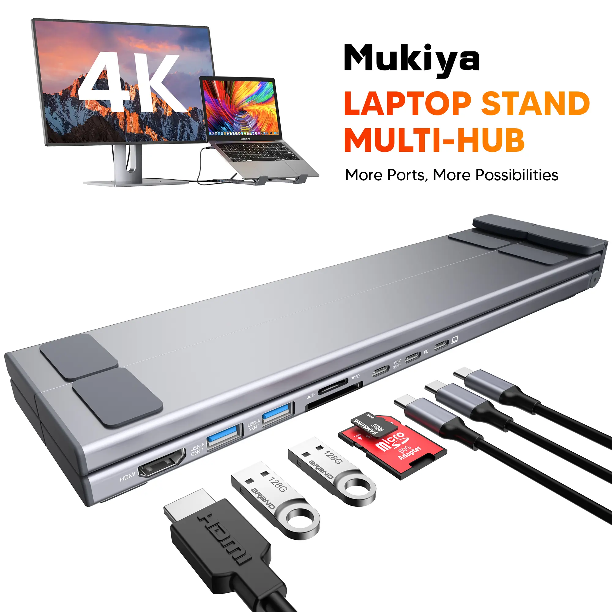 【Back to School】Mukiya Laptop Stand with USB C Hub, Docking Station Laptop Stand with 4K HDMI, USB 3.0, USB-C Data Port, SD/TF Card Reader, 3.5mm Audio, Adjustable Portable Aluminum Laptop Riser for MacBook, Dell, HP, Surface, Lenovo...