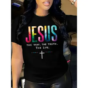 Women's Inspirational Jesus Graphic T-Shirt - Colorful Letter & Cross Print, Crew Neck Short Sleeve Top for Spring & Summer, Machine Washable