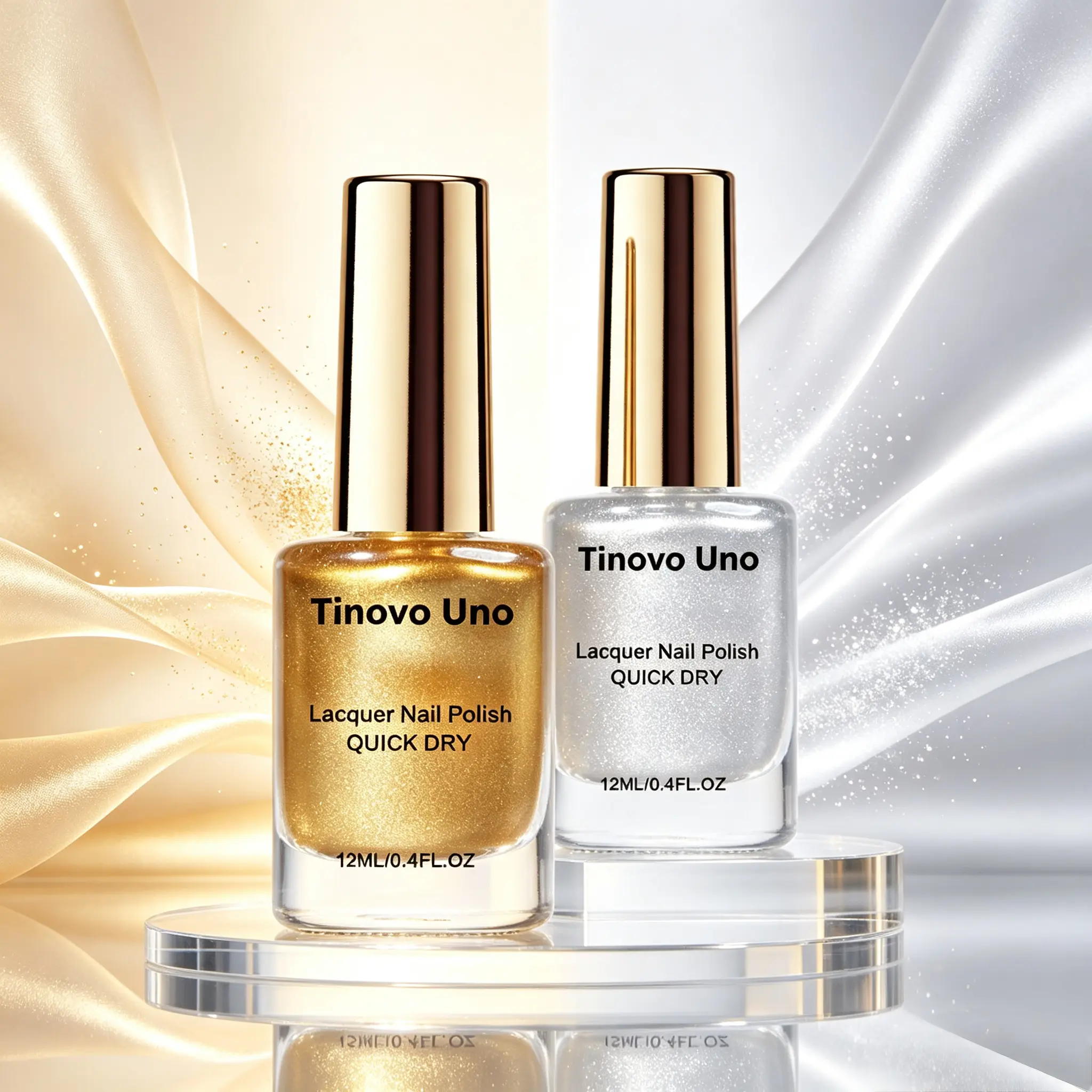Tinovo Uno Metallic Shimmer Nail Polish Set, Quick Dry Mirror Gold & Mirror Silver Chrome Nail Lacquer Kit, Long Lasting Gloss Reflective Regular Nail Varnish, DIY Home Manicure Gift Set for Women