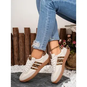 Women's Beige Leopard - Print Color - Block Sneakers, Lace - Up Mesh & Suede Walking Shoes, Lightweight Comfortable Casual Trainers, Non - Slip Retro Season - Transiting Leisure Running Shoes, Trendy Walking Sneaker