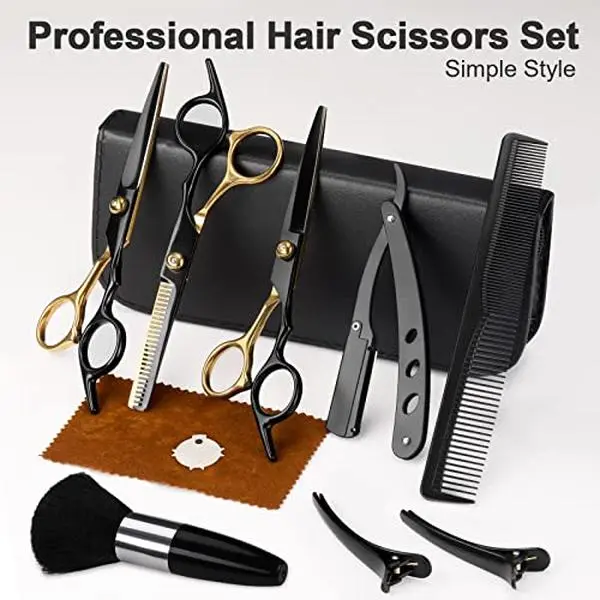 Hair Scissors,11Pcs Professional Black Gold Hair Cutting Scissors Shears Sets, Stainless Steel Barber Scissors Supplies