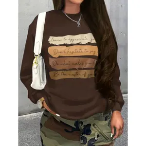 Women'sCasualLongRoundNeckSweatshirt-BlackRelaxedFitwithInspirationalLetterPrint,MediumStretchFabric,Pullover,All-SeasonComfort,EverydayOutfit,StylishClothing,,Clothing,FashioWomenswearHoHoodiePolyesterTopsKnitCrewneck