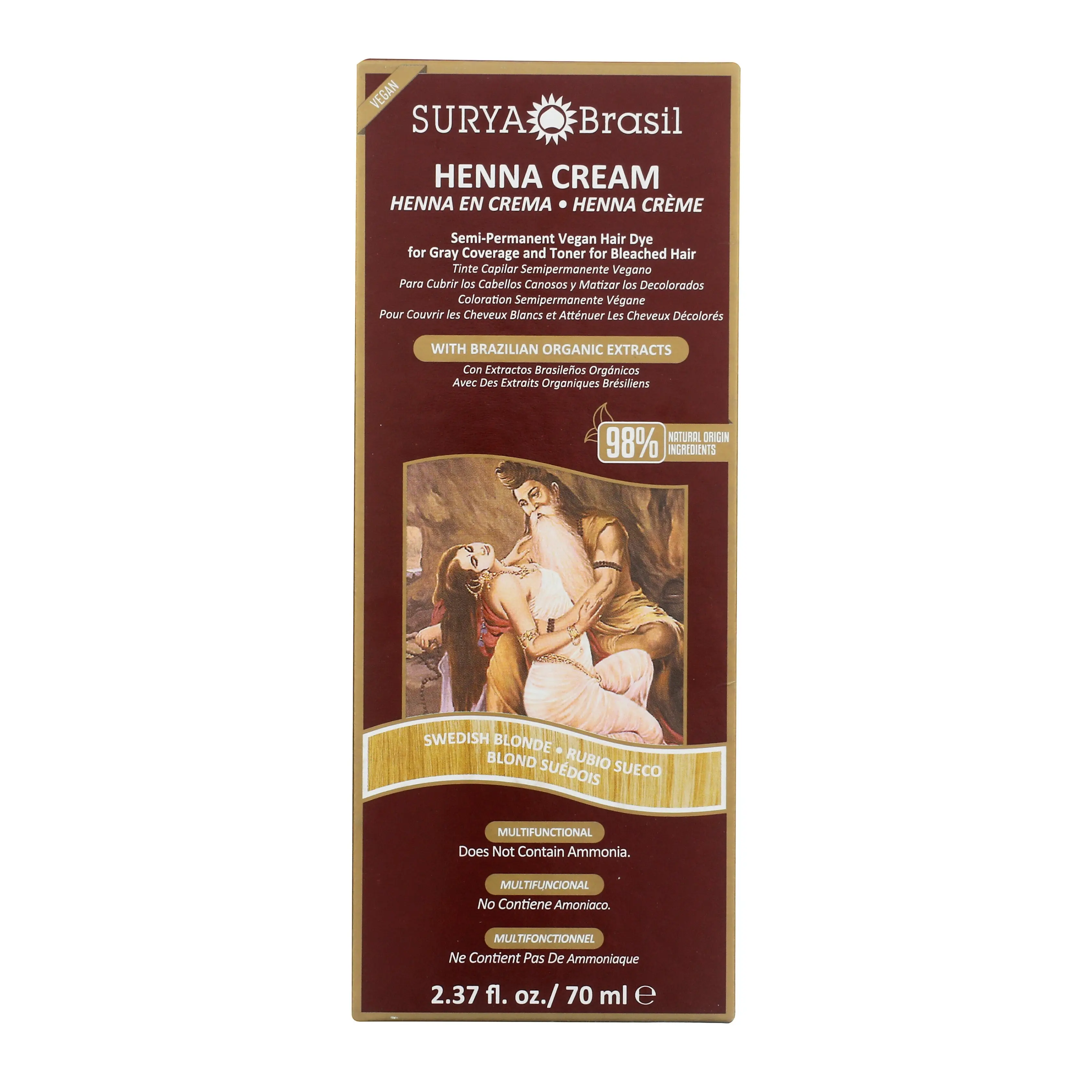 Surya Brasil Henna Cream Swedish Blonde - 98% Natural Ingredients, Vegan, Cruelty-Free, Eco-Friendly, Semi-Permanent Hair Color, Deep Hydration & Shine, 2.37 oz