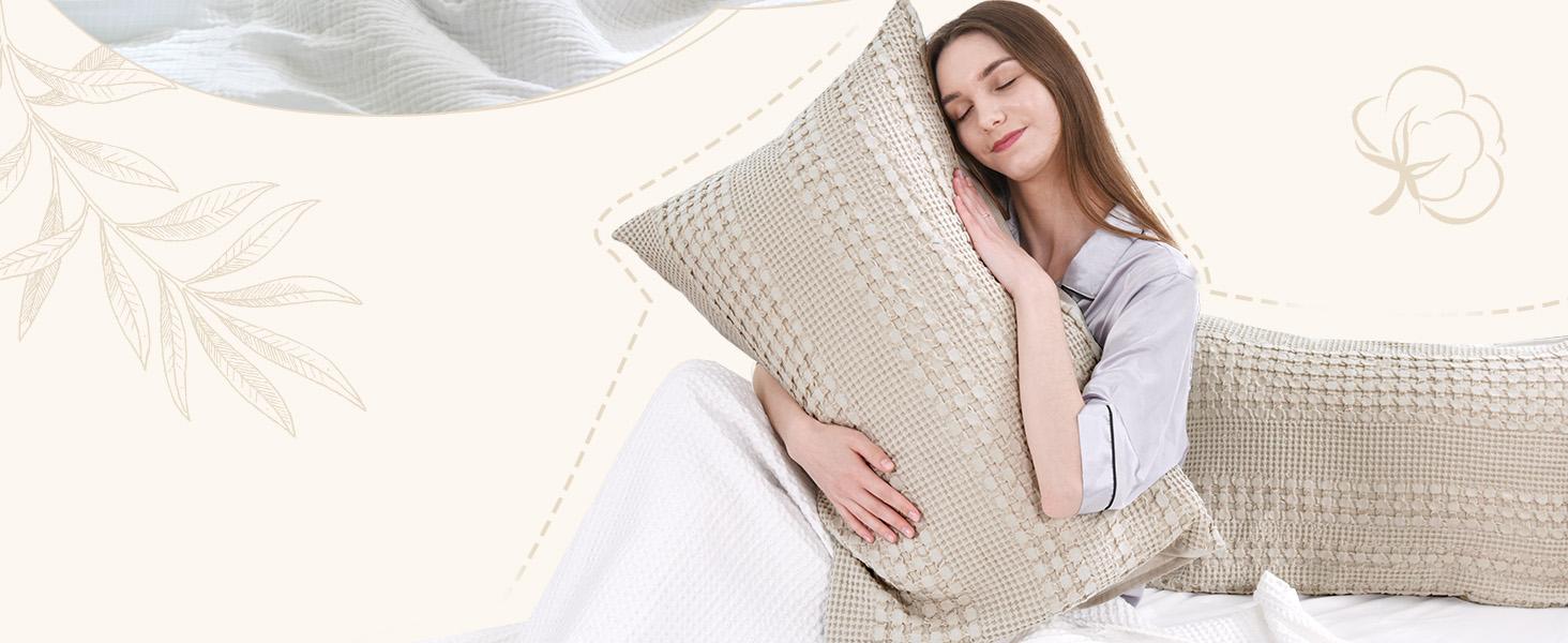 PHF 100% Cotton Waffle Pillow Shams, Soft Skin-Friendly Pillowcases, No Filling, Aesthetic Woven and Breathable Waffle Weave Pillow Case Covers for Bed