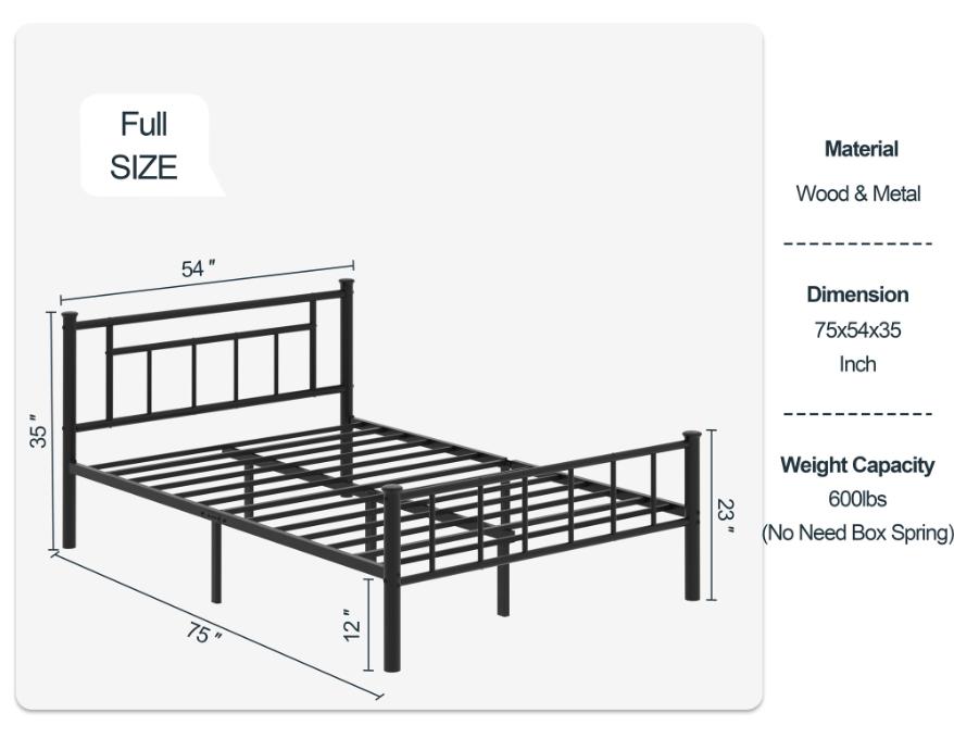 Walsunny Platform Minimalist Bed Frame with Classic Design Headboard and Footboard, Strong Metal Slat Support & Underbed Storage Space, Black Queen Size