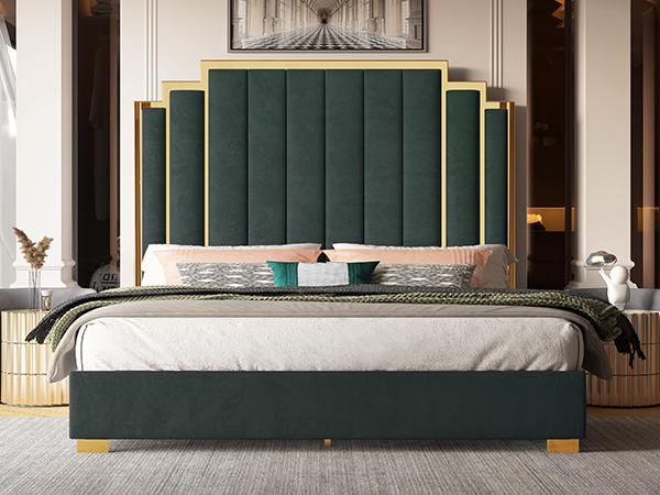 VanAcc Bed Frame and 65" Headboard, Upholstered Bed with Golden Plating Trim, Modern Platform Bed No Box Spring Needed/Christmas Gift