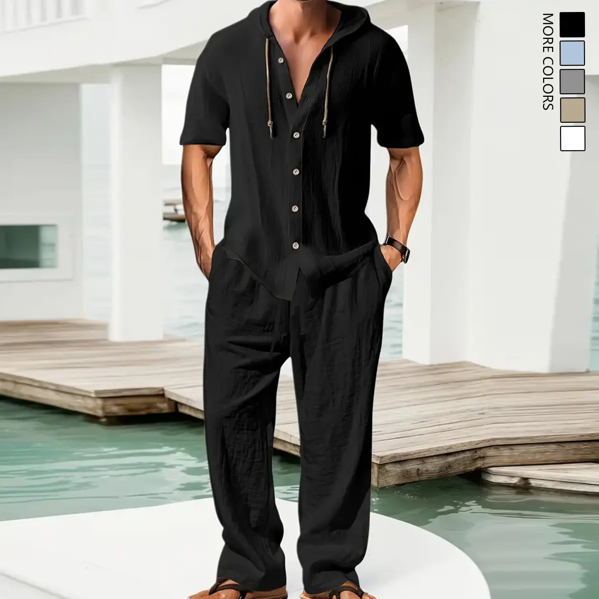 Men's 2-Piece Linen Clothing Set - Loose-Fitting Short-Sleeve Hooded Button-Down Shirt & Plain Pants, Minimalist Fashion Casual Beach Summer Menswear, Mens Clothing, Men's Wear, Fashion Sets, Shortsleeve, Fashion Clothing
