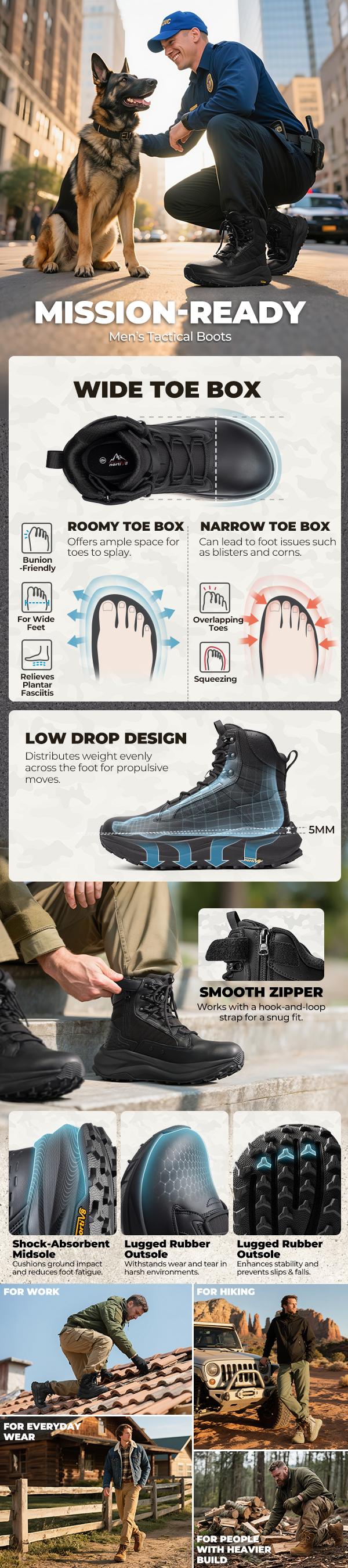 NORTIV 8 Men's Wide Toe Box Work Military Tactical Boots Barefoot Low Drop Leather Side Zipper Motorcycle Combat Boots for Plantar Fasciitis Bunion Pikes Black Closed Footwear Worker Walking Shoes