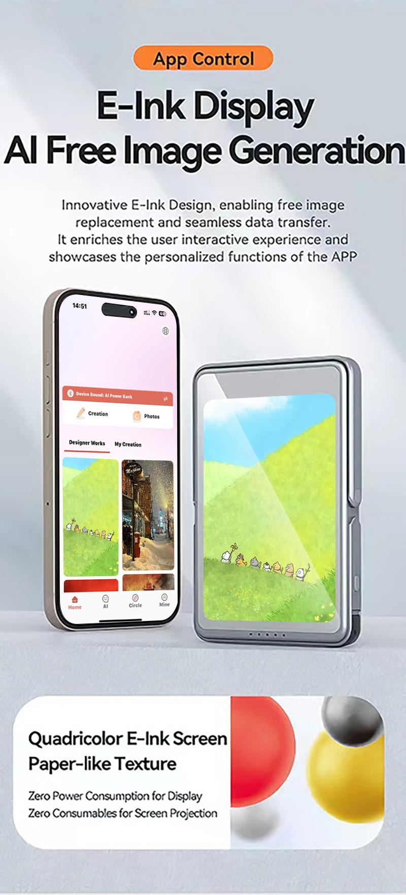 AI E-Ink Power Bank All-in-One Device 5000mAh Free Image Replacement AI-Powered Portable Charger Magnetic charging
