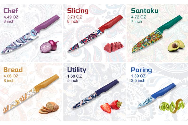 Astercook Paisley Knife Set – Cook with Love, A Thoughtful Valentine’s Day Gift for Home Cooks, 6-Piece Colorful Kitchen Knife Set Utensils Breadknife Kitchenware Block