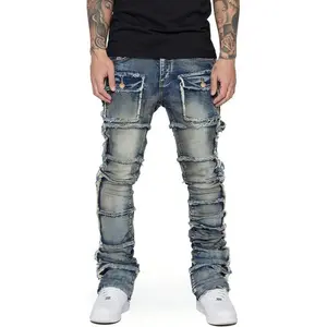 Stretch Stacked Jeans Mens Slim Fit Ripped Cargo Jeans Distressed Straight Leg Hip Hop Trousers with Pockets Denim Menswear