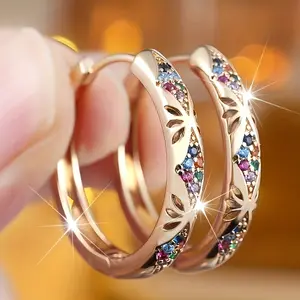 Dainty Rose Gold Leaf Hoop Earrings with Multicolor Zircon Vintage Hollow Out Design Trendy Daily Wear Earrings Gift for Her
