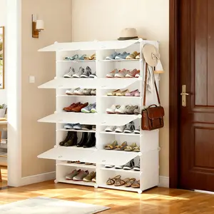 6/8-Tier Modular Shoe Rack Organizer, 32-Pair Freestanding Shoe Storage Cabinet with Doors, Adjustable DIY Cube Shelves with Side Hooks for Entryway, Bedroom & Closet