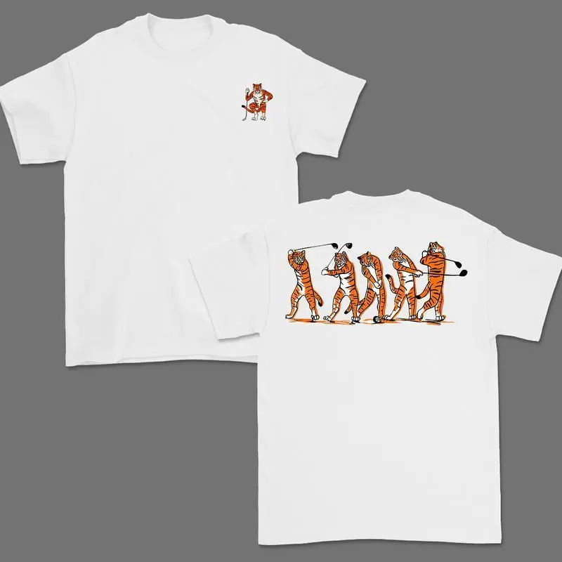 Shortsleeve Polyester Golf T-Shirt - Tiger Front Small & Back Big Vintage Sports Graphic, Elegant Floral Accents, High-Definition Premium Print, Soft Casual Daily Wear, Versatile Gift for Golf Lovers, Embroidery, Fabric