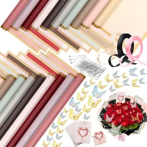 187PCS Flower Bouquet Wrapping Paper Kit Includes 40 Floral Paper, 24 Butterflies, 100 Bouquet Pins, 3 Ribbons and 20 Greeting Cards for Mother's Day Wedding Baby Shower Graduation
