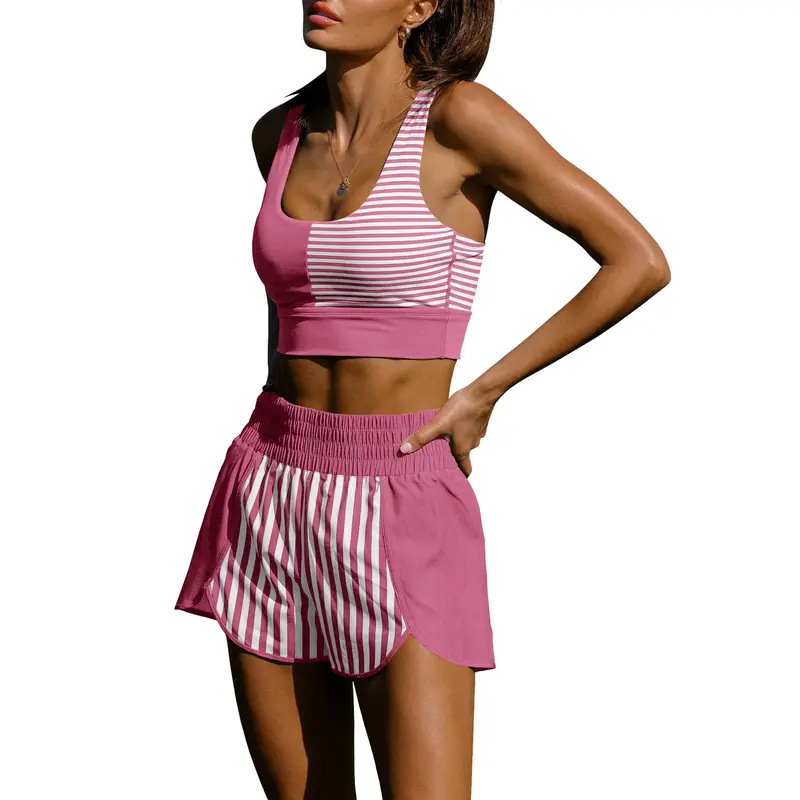 FISOEW Women's 2-Piece Colorblock Stripe High Stretch Fitness Clothes Set - Racerback Sports Bra, High-Waisted Shorts, 2026 Spring Summer Athletic Workout Sets Women for Casual Sportswear Outfit