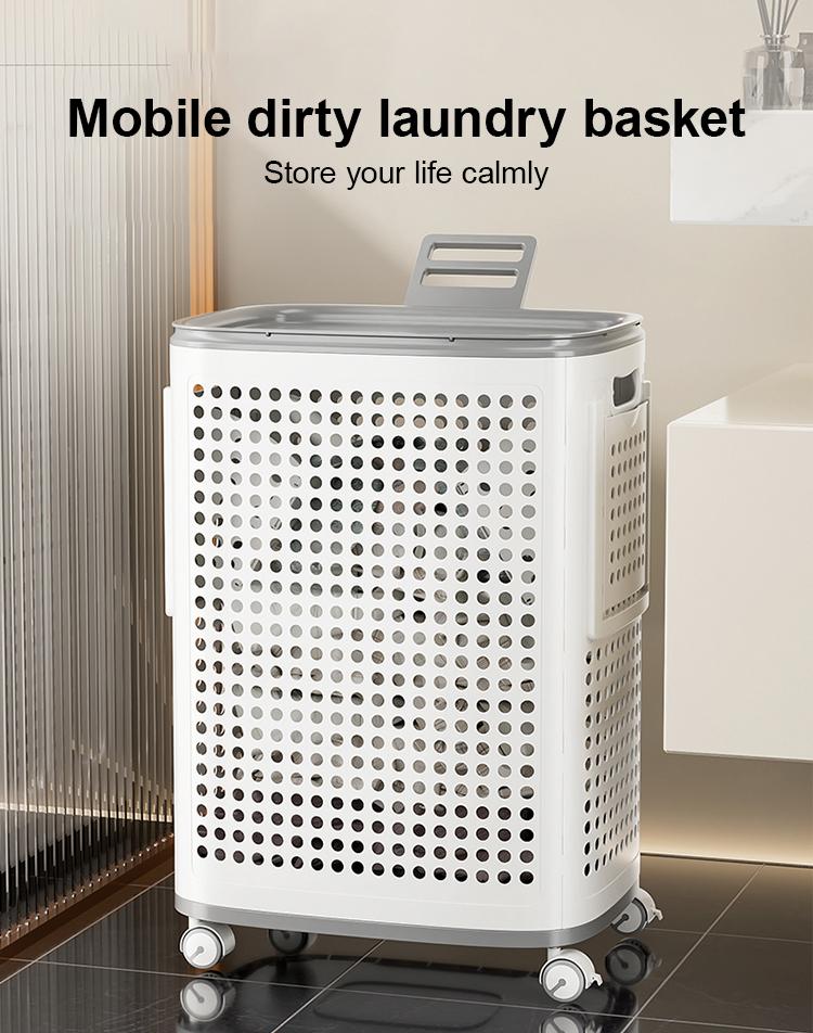 UFORU Laundry basket with wheels, white and gray, ventilated clothes and towel basket, odor-resistant, convenient rolling storage, suitable for dorms, bedrooms, bathrooms, portable laundry basket with lid