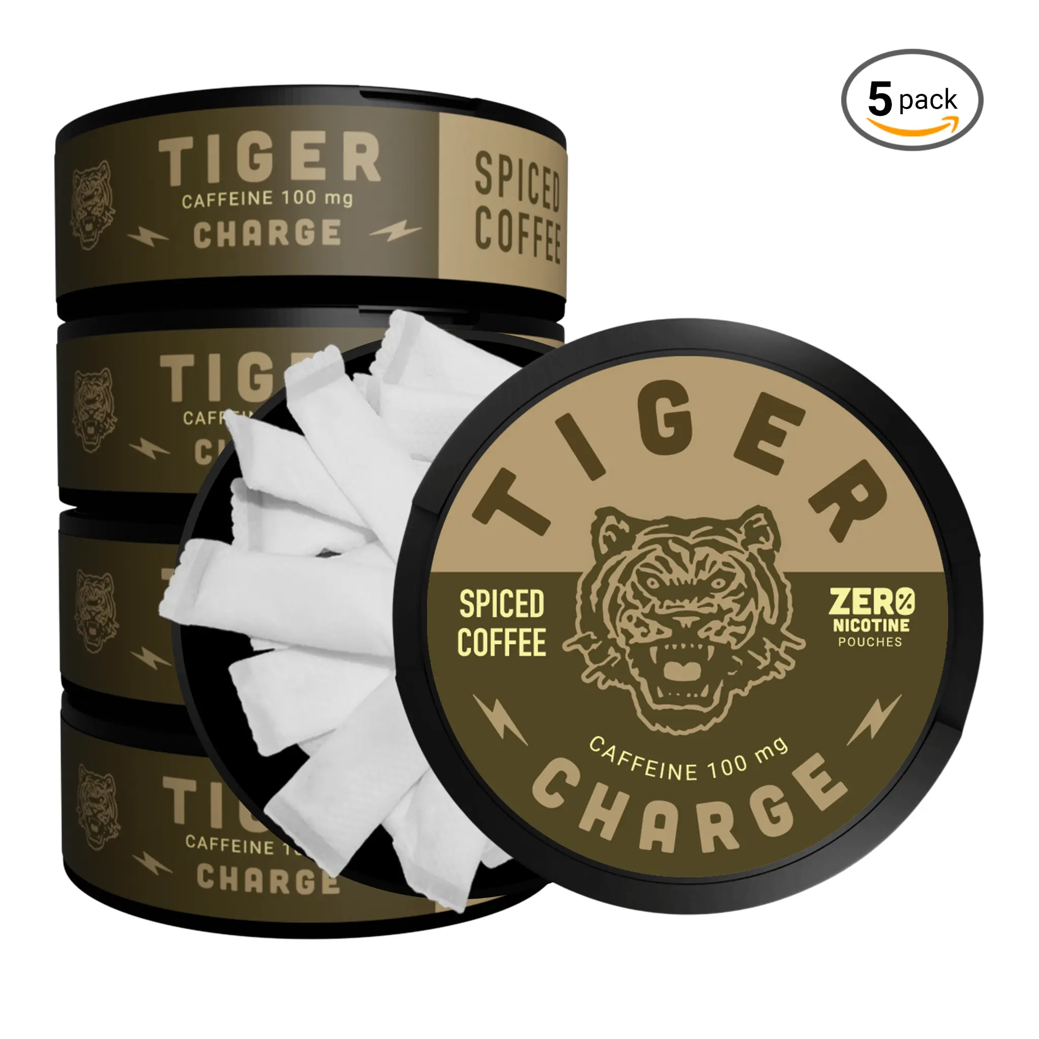 Tiger Zero Tiger Charge Spiced Coffee Caffeine Pouches 100mg | Zero Nicotine, Sugar-Free | 5 Pack