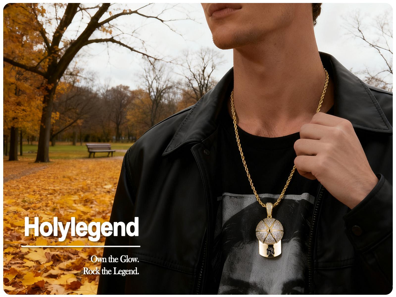 Holylegend 14K Real Gold-Plated Baseball Cap Pendant Necklace for Men and Women, Diamond-Cut Cubic Zirconia Charm, 24” Rolo Chain, Trendy Gold Plated Hip Hop Jewelry Gift