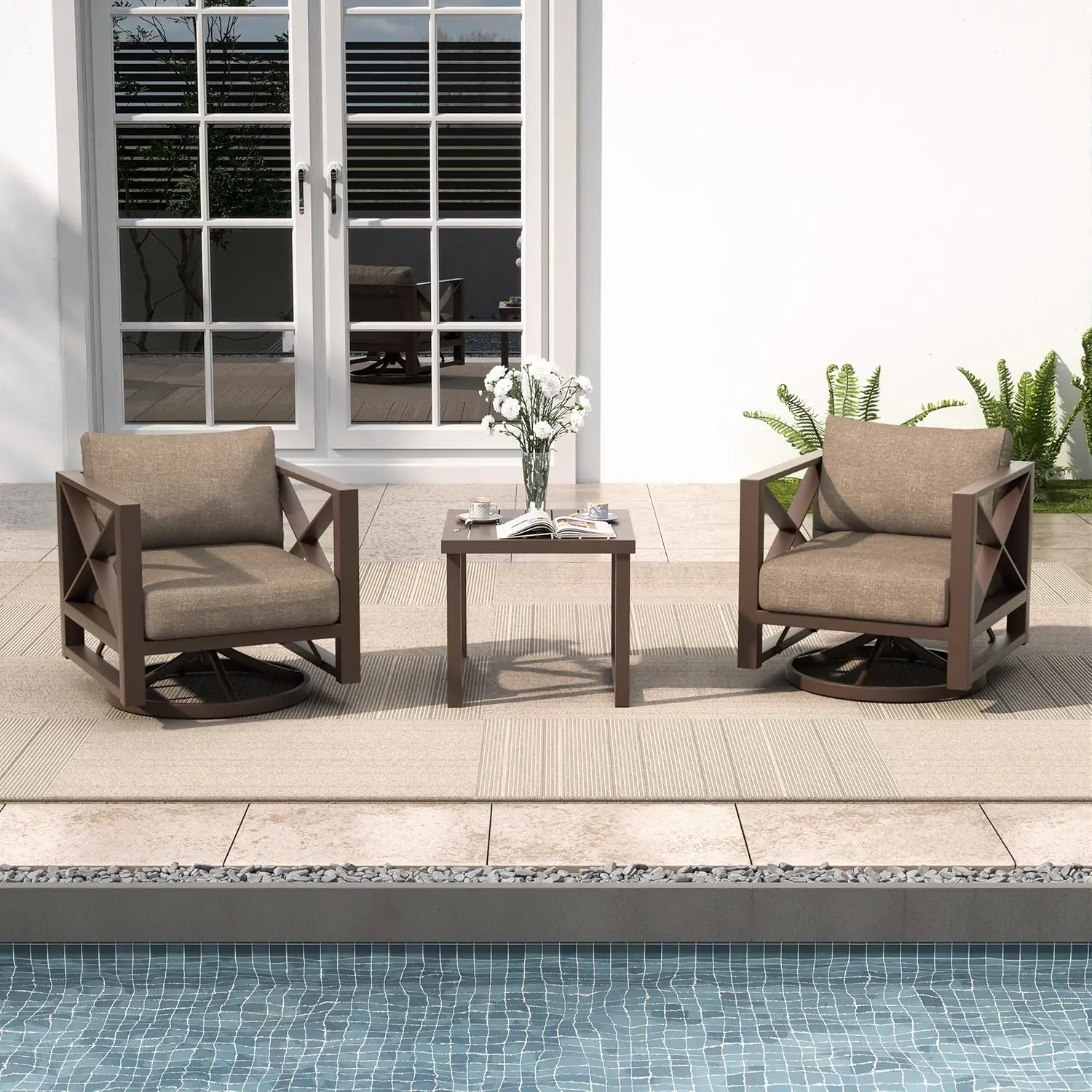 [Summervibes]MBY 5 Piece Patio Outdoor Aluminum Swivel Rocking Chair with 6.7" Thickened Cushions and 2 Ottomans, All Weather Outdoor Furniture Chairs for Garden, Poolside, Deck, Outdoor Living Furniture, Modern