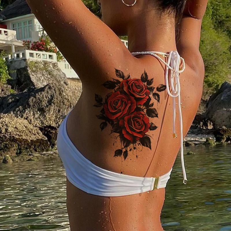7pcs Red Temporary Rose Flower Arm & Leg Tattoo Stickers, Sexy Stripper Chest & Thigh Design, Waterproof, Perfect For Women