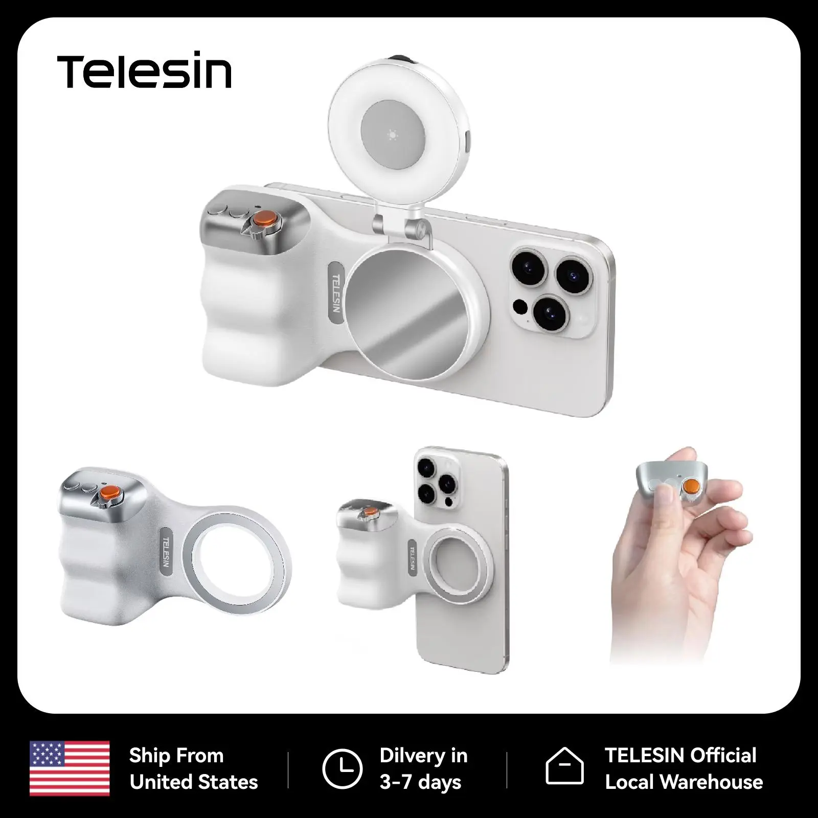 TELESIN Compact Magnetic ABS-Polycarbonate Bluetooth Smartphone Camera Hand Grip - Universal Silicone Accessory with Lanyard, Physical Button Controls, Detachable Aluminium Alloy Holder for iPhone, Android Remote Shooting Aid, Accessories, Tripod