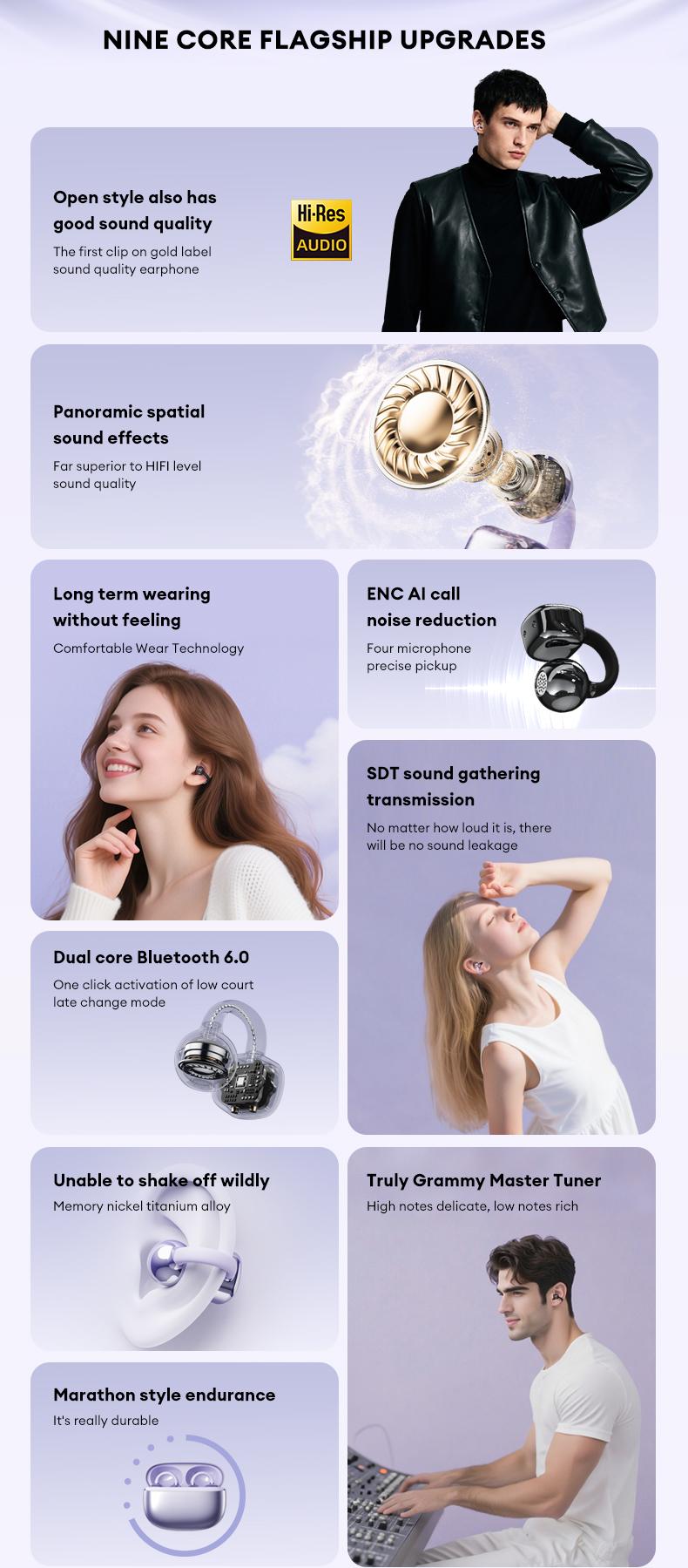 HYUNDAI Clipbuds 7 Clip-on Design Wireless Headphones, Powerful Sound Effects for Music, Dustproof & Waterproof Sports Earbuds for Running, Workout, Audio