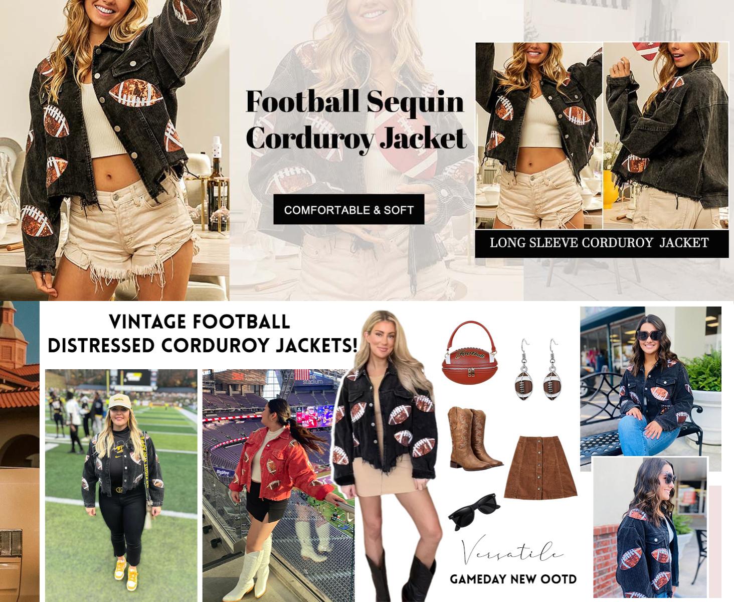 Kingapril Women's Game Day Corduroy Sequin Football Cropped Jacket Rugby Oversized Lapel Button Down Shirt Shacket Coat