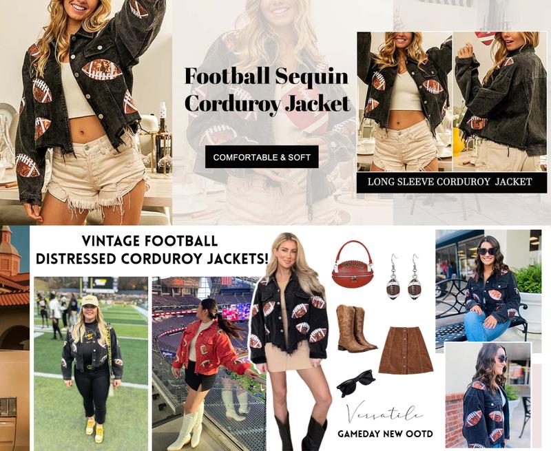 Kingapril Women's Game Day Corduroy Sequin Football Cropped Jacket Rugby Oversized Lapel Button Down Shirt Shacket Coat