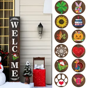 Interchangeable Wood Door Signs Welcome Decors with 12 Seasonal Icons for Home Outdoors Front Door Porch Standing