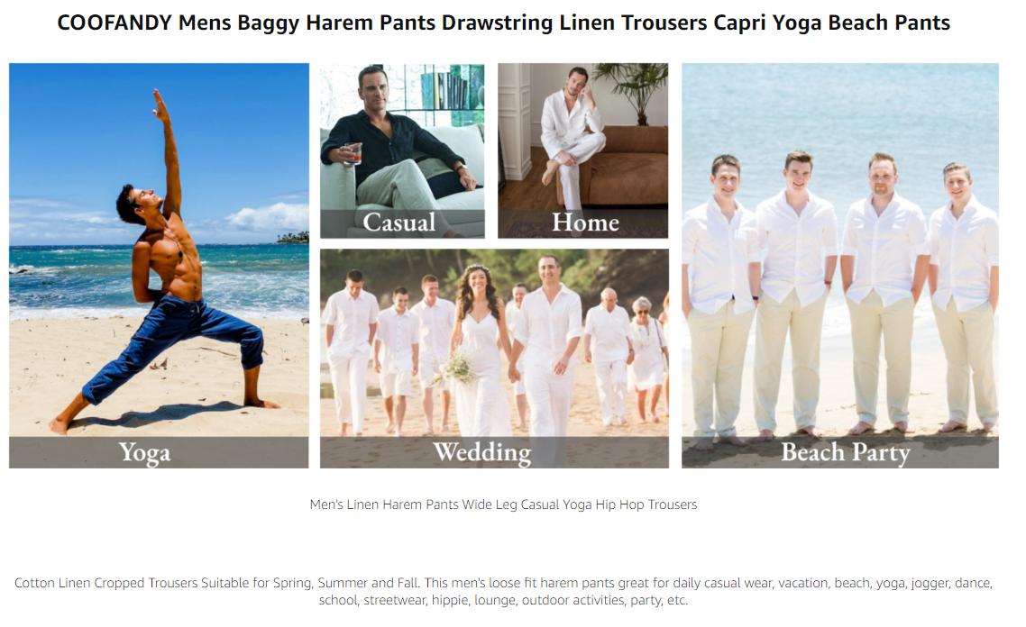 COOFANDY Men's Cotton Linen Harem Pants Drawstring Casual Cropped Trousers Lightweight Loose Beach Yoga Pants with Pockets Skin-friendly Menswear Baggy Canvas Elastic Hippie Soft Suit Underwear Plain Machine Washable Best Sellers