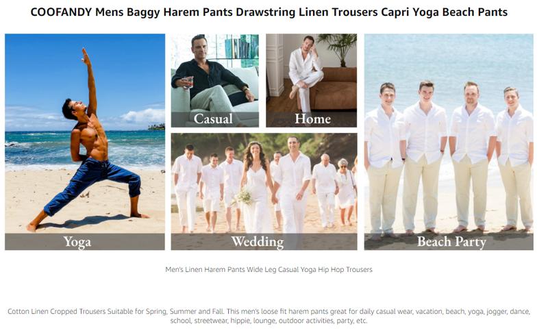 COOFANDY Men's Cotton Linen Harem Pants Drawstring Casual Soft Pants Machine Washable Loose Fit Cropped Trousers with Side Pockets & Back Pocket for Everyday Wear