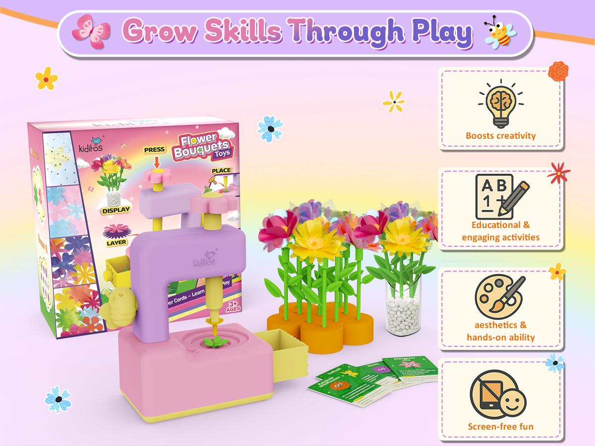 Kiditos Fabric Flower Bouquets DIY Craft Kits for Kids – Build Your Flower Market Toy, Arts & Crafts Bouquet Making for Ages 3+, Perfect Gift for Christmas & Birthdays