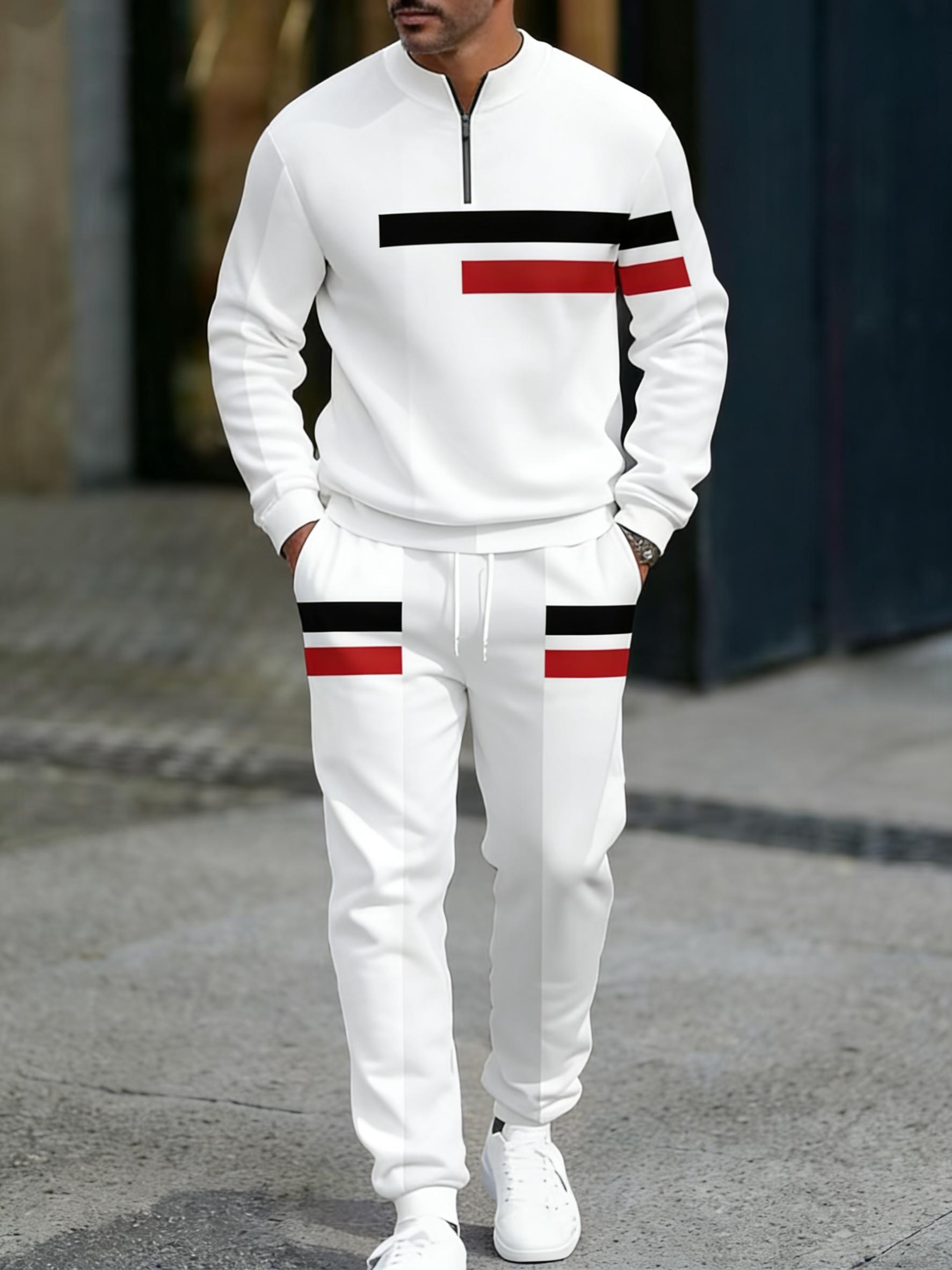 Men's Fashion Casual Zipper Stand Collar Long Sleeve Hoodie & Pants Set in Light Blue with White Stripes and Navy Blue Bottoms