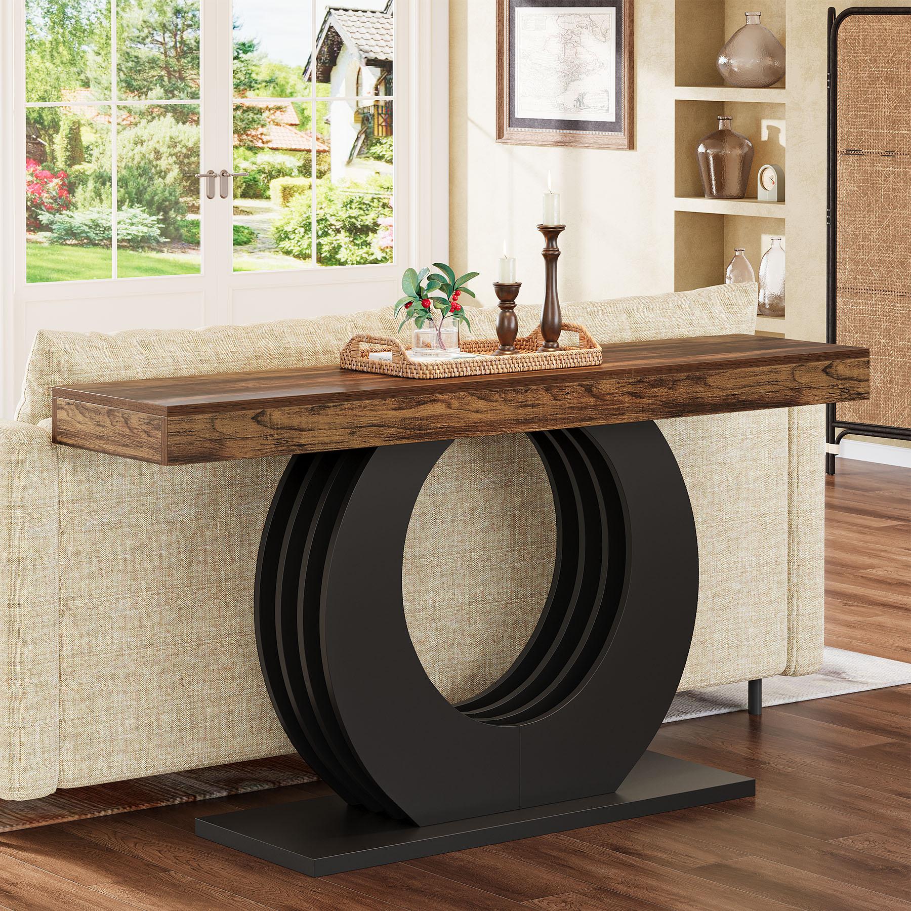 LITTLE TREE Wood Console Sofa Table, 63-Inch Rustic Industrial Farmhouse Entryway Table, Narrow Long Couch Console Behind Sofa with Black Circle Base for Living Room Hallway