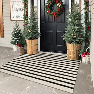 Black and White Rug , Washable Outdoor Rug for Porch Cotton Woven Farmhouse Indoor Outdoor Rugs, Layered Welcome Door Mat, Floor Throw Carpet for Spring Front Door Decor Kitchen