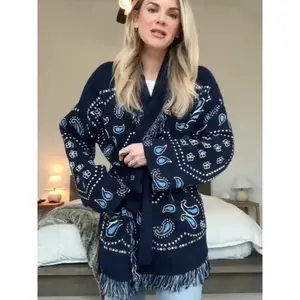 2025 Womens Tassel Patchwork Geometric Print Cardigan V-Neck Long Sleeve Knitted Sweater with Belt for Autumn Street Wear