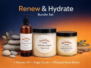 Sandbar SUDS Renew & Hydrate 3-Piece Skin Resurfacing Bundle | Full Body Exfoliation & Moisture Set | Includes Whipped Sugar Scrub, Hydrating Shower Oil & Whipped Body Butter | Glow-Boosting Kit | Made in USA | Phthalate-Free