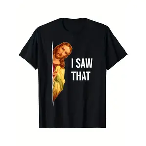 Men's Casual Black Crew Neck Tee Featuring Graphic Print Inspired by Jesus Meme Ideal for Year Round Wear