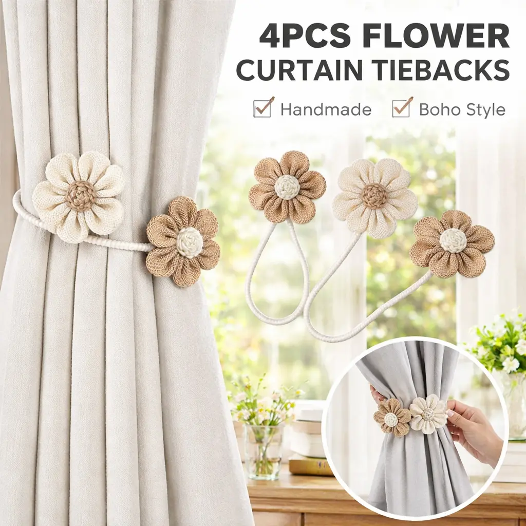 4-Piece Flexible Cotton Linen Window Curtain Tiebacks - 2 Flower-Shaped, 2 Adjustable-Length Rope Twist Holdbacks for Cottage House Valances, Living Room Treatments, Natural Style, No Hardware, No Rings