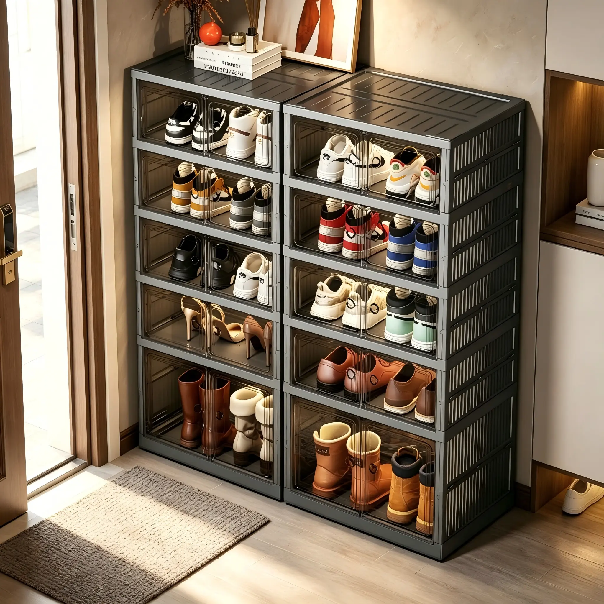Must-Have Organizer! Large Capacity Clear Magnetic Drop Front Shoe Storage Boxes, Stackable Foldable Plastic Sneaker Organizer Bins, Tool-Free See-Through Shoe Containers Fit Sneakers Flats Heels Boots for Closet Entryway Foyer Bedroom Storage