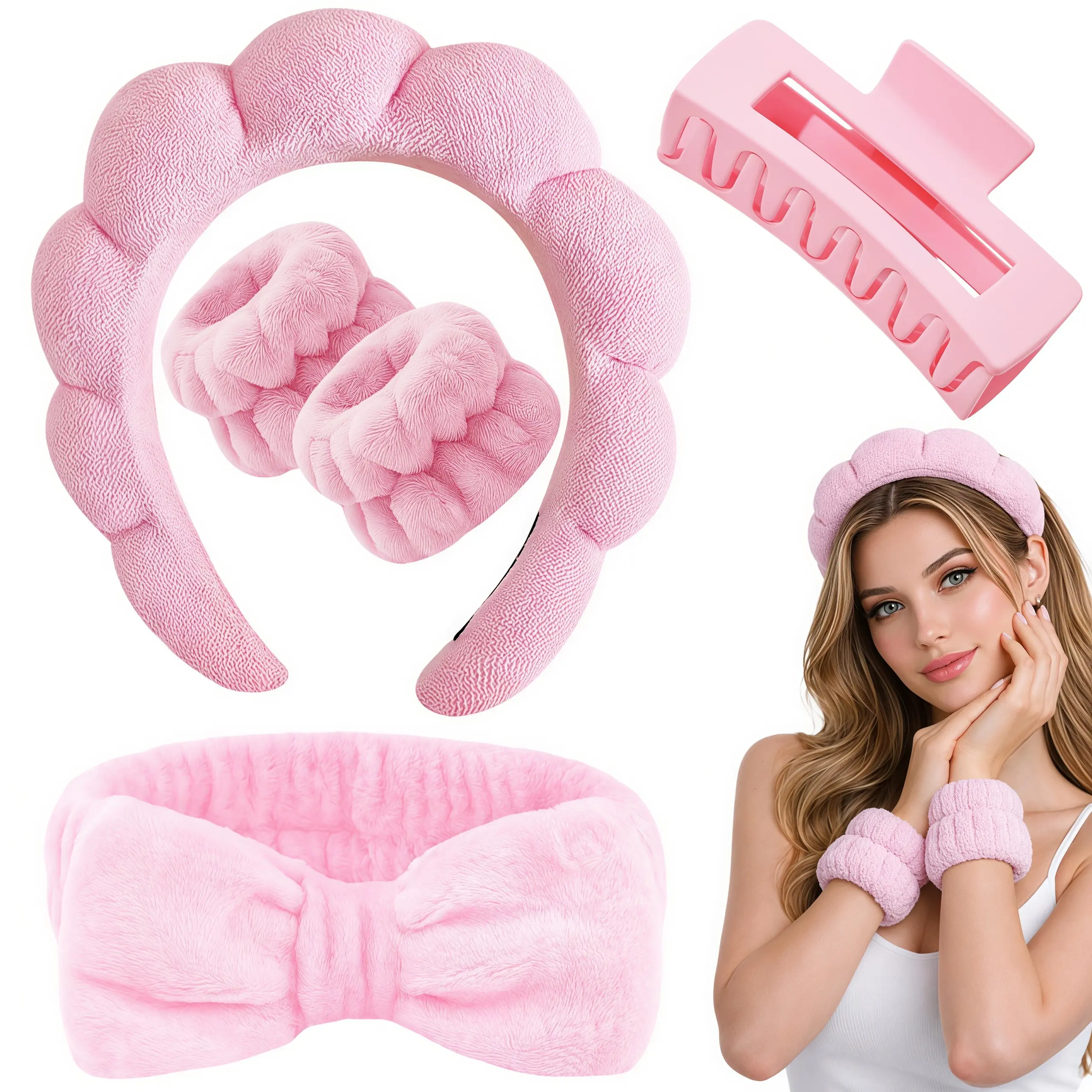 LMMAKE 1SET Women's Fabric Headbands Clouds Design Accessory Kit - 2 Matching Wristbands for Hair Securing, Spa Use, Face Washing & Makeup Application, Accessory Kit Headbands, Stretchy Headbands, Cute Spa Gift Idea