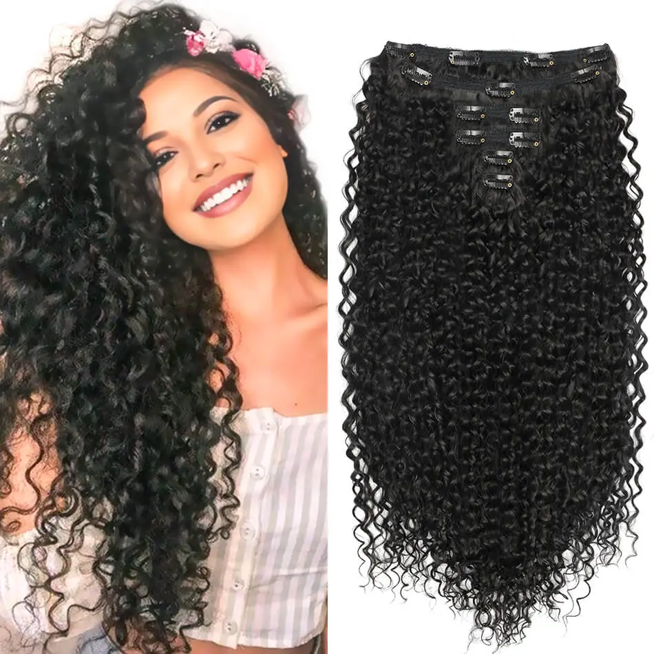 Women's High Quality Protein Clip-in Synthetic Hair Extensions - 26-Inch Long Kinky Curly Lace Weft Hairpiece, 7Pcs/Set Natural Black Heat Resistant, Easy to Clean and Care for Daily/Party Use, Clip In Hair Extensions, High Quality Protein Hair